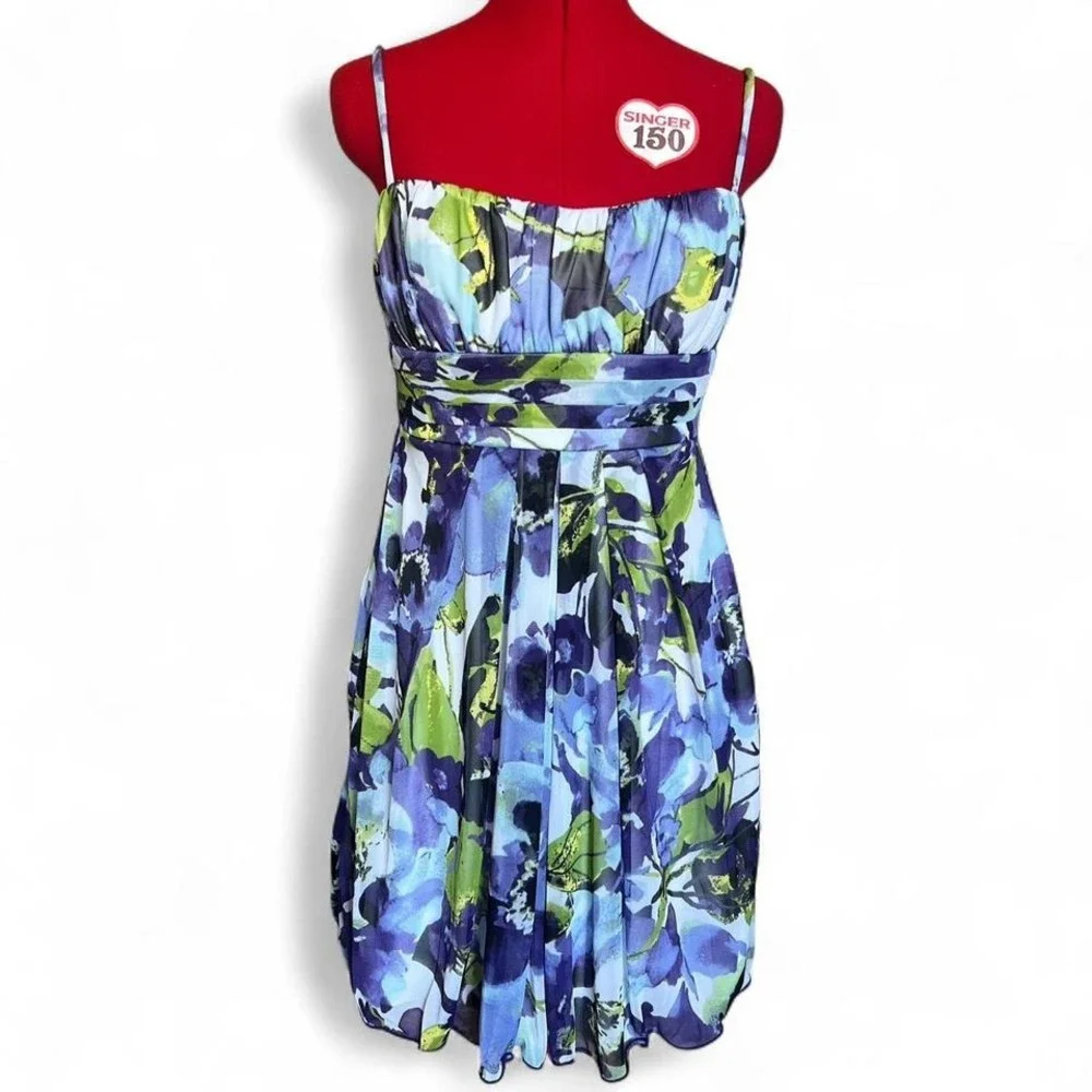 IZ Byer Y2K Purple Blue & Green Watercolor Floral Milkmaid Tie Back Dress Medium